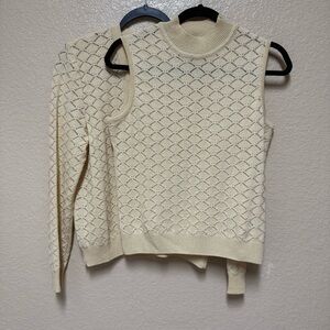 St. John Cream Cowl Neck Sweater Set with Textured Knit size S